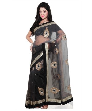 Bollywood Design Fancy Black Andgrey Net Saree Fabric Piece For Blouse