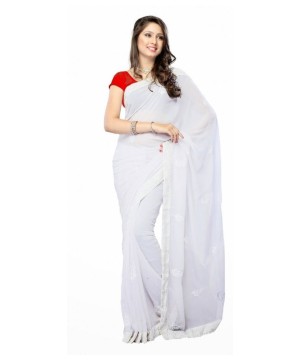 Bollywood Fancy White Georgette Sari With Red Blouse Fabric
