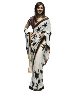 Bollywood Ivory Saree With Black Sequins
