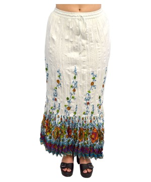 Womens Leaf Print Sanganeri Crinkled White Cotton Skirt