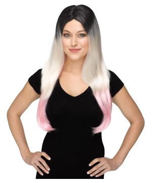 Pink White And Black Rainbow Colored Women Wig