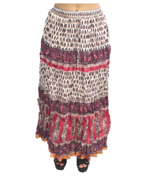 Sanganeri Crushed White And Pink Womens Cotton Long Skirt