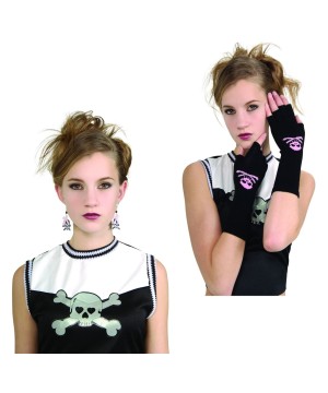 Skull Gloves And Earrings Girls Costume Kit