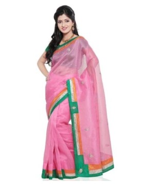 Super Net Pink Pure Cotton Saree With Blouse Fabric