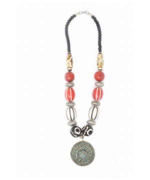 Turquoise Charm With Multicolored Beaded Tibetan Necklace