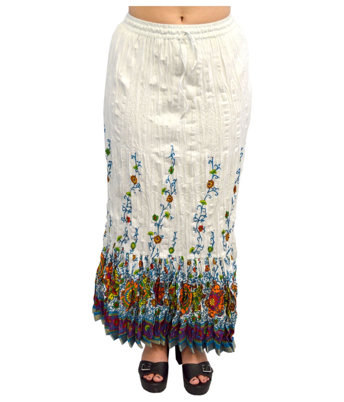 Womens Leaf Print Sanganeri Crinkled White Cotton Skirt