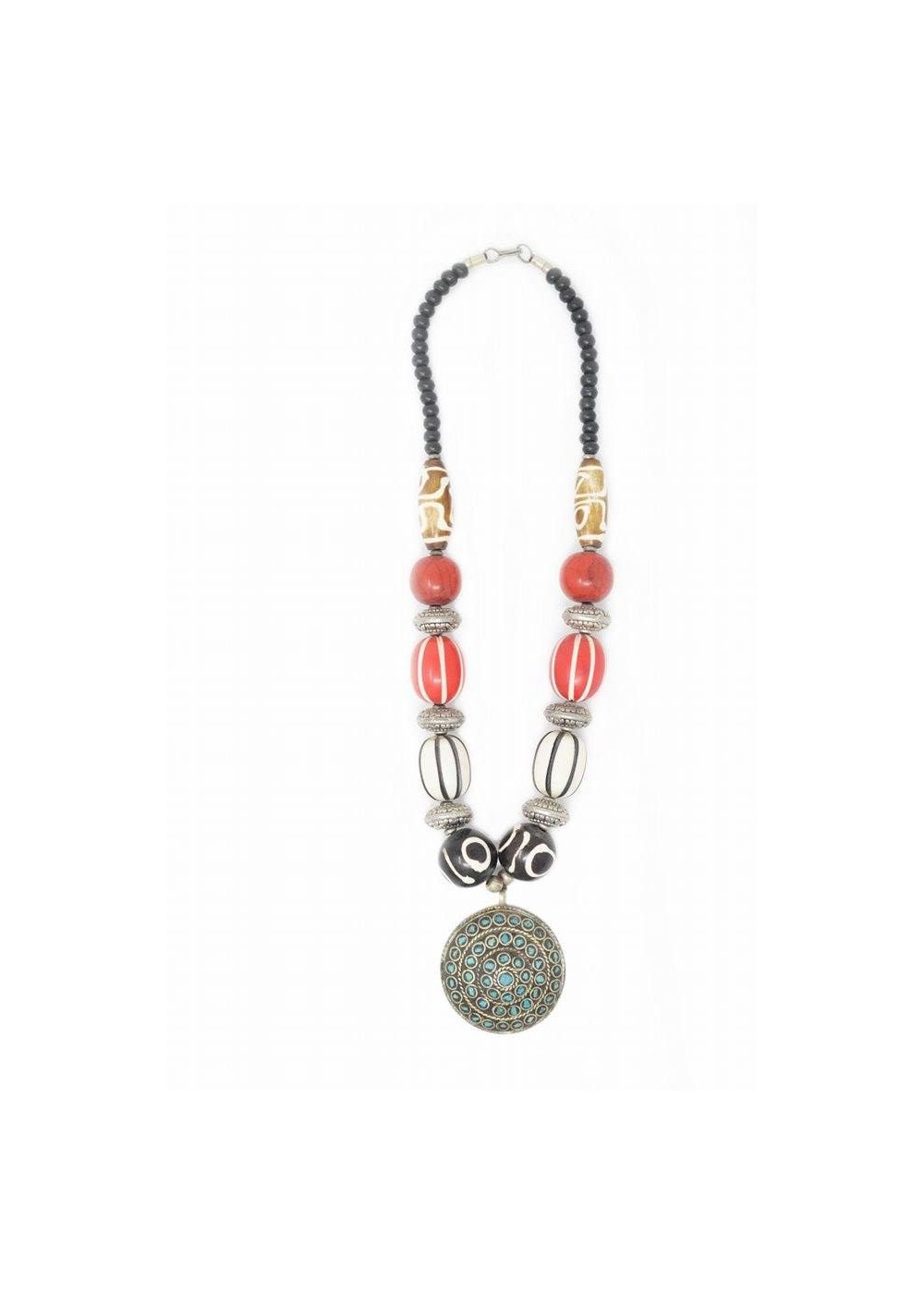Turquoise Charm With Multicolored Beaded Tibetan Necklace