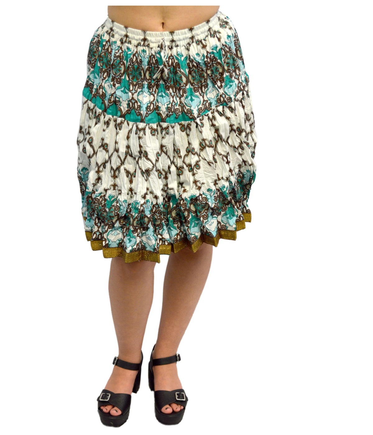 White And Sea Green Cotton Womens Short Skirt