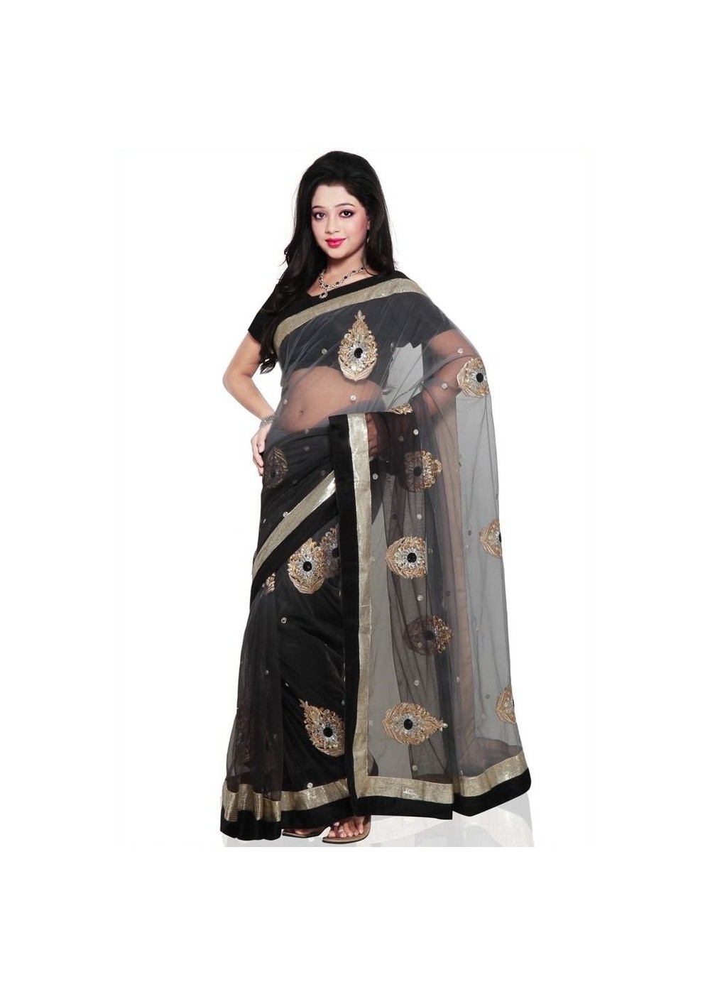 Bollywood Design Fancy Black Andgrey Net Saree Fabric Piece For Blouse