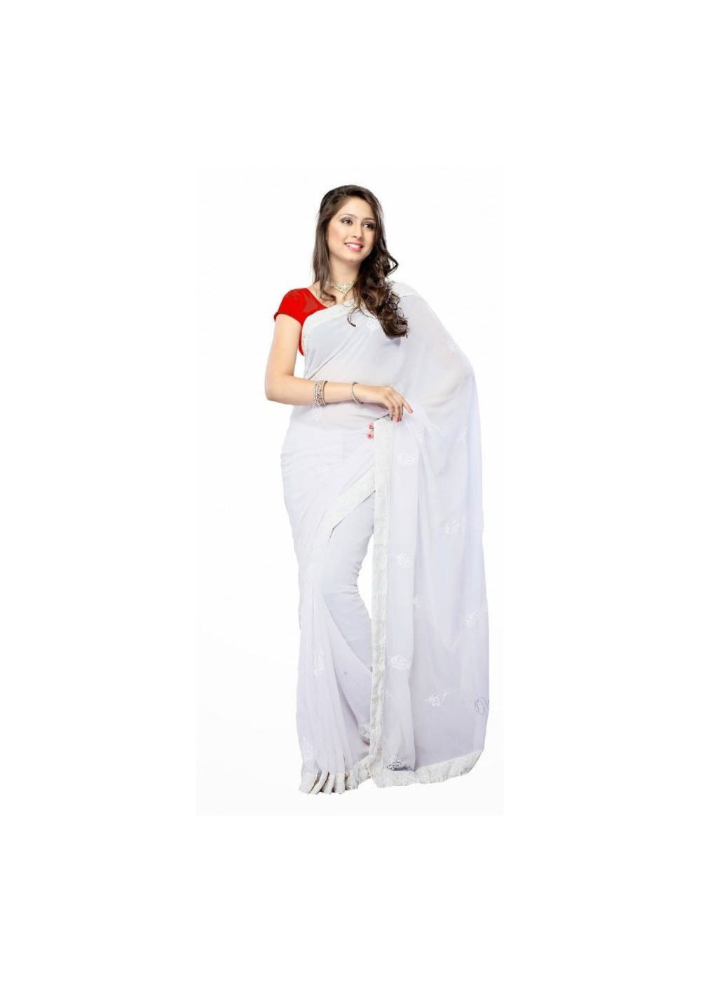 Bollywood Fancy White Georgette Sari With Red Blouse Fabric