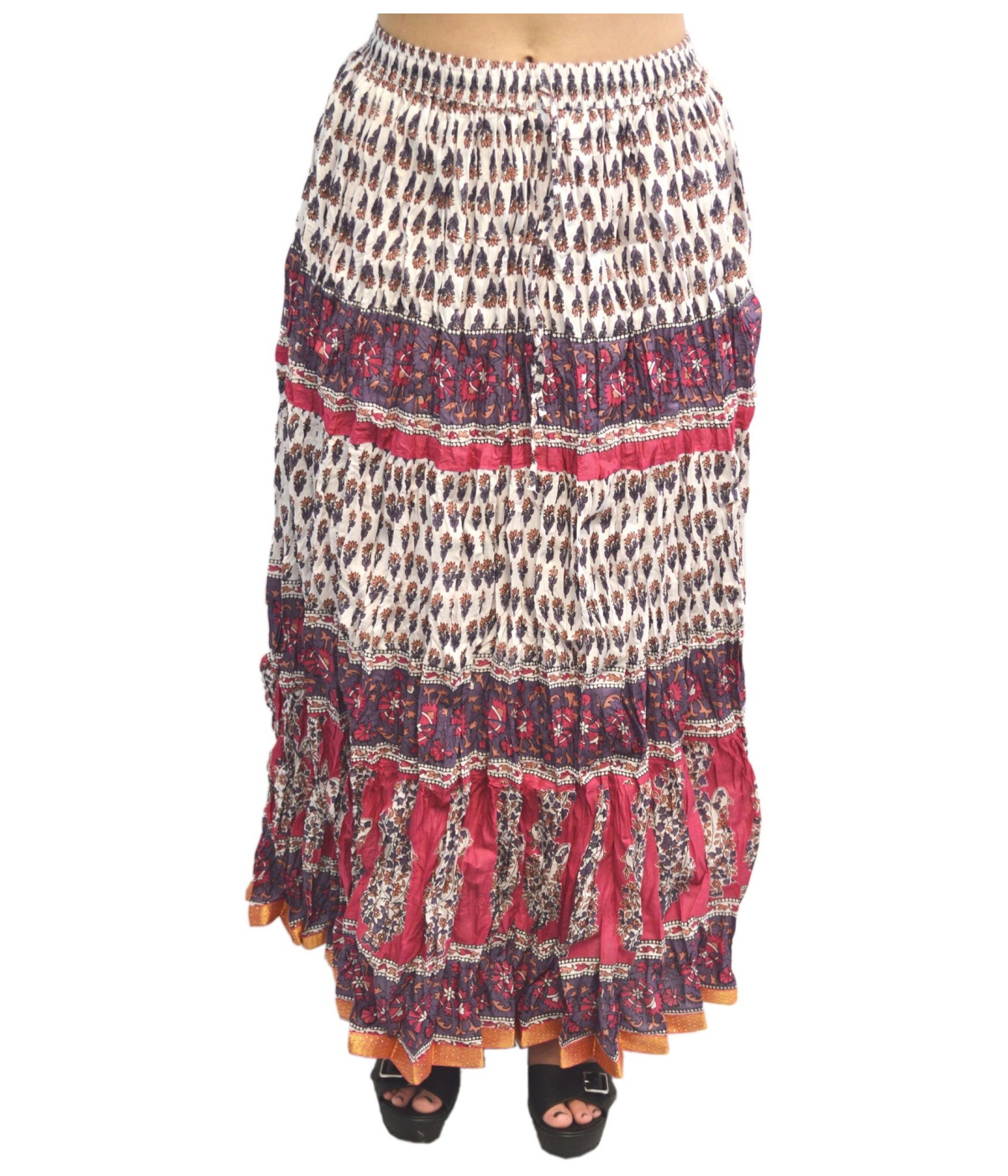 Sanganeri Crushed White And Pink Womens Cotton Long Skirt